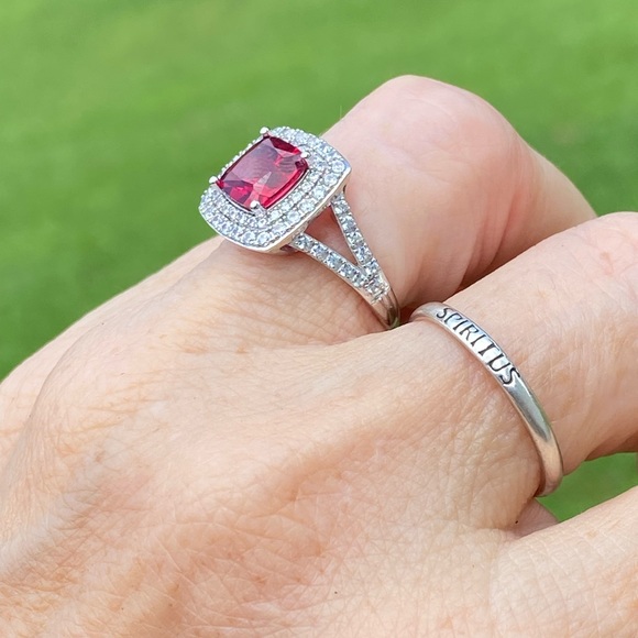 Simulated Ruby ring .925 Sterling Silver 10 mm Ruby surrounded 2 layers CZ sz 7 - Picture 12 of 16
